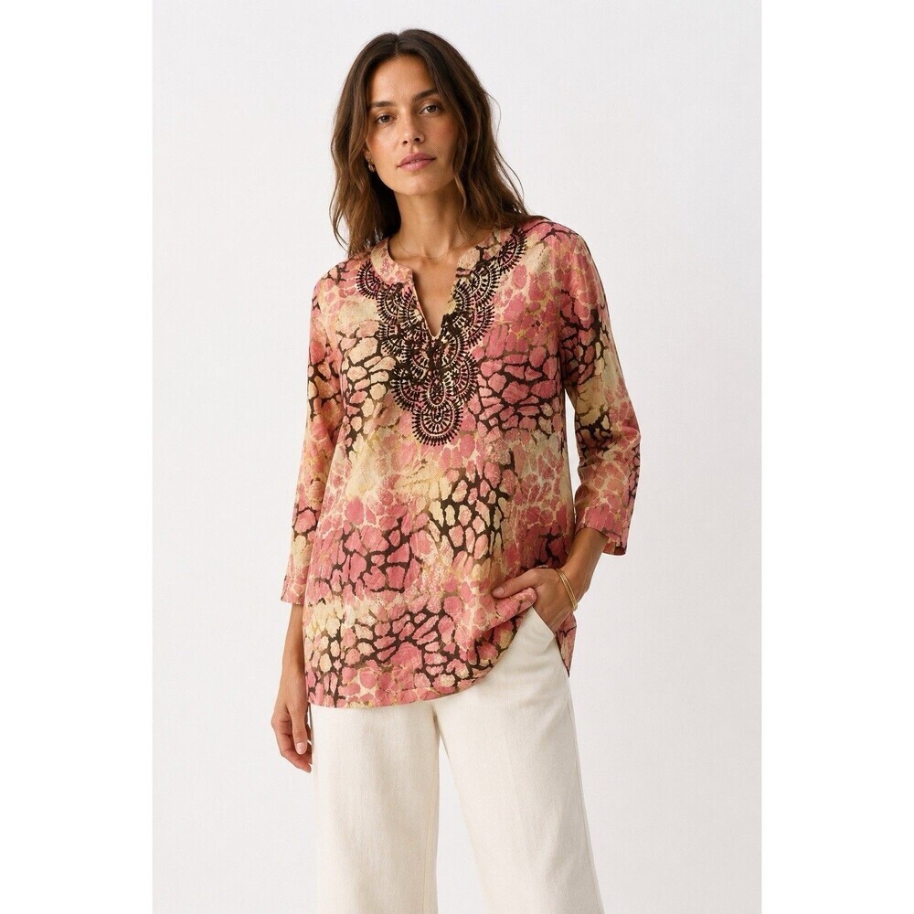 Charter Club Embroidered Floral Print Tunic Top Women’s Large Pink 3/4 Sleeve